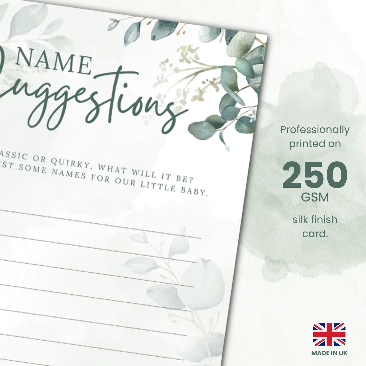 Sage Green Eucalyptus Baby Prediction & Name Suggestion Cards