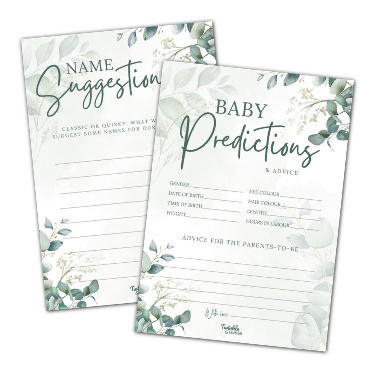 Sage Green Eucalyptus Baby Prediction & Name Suggestion Cards