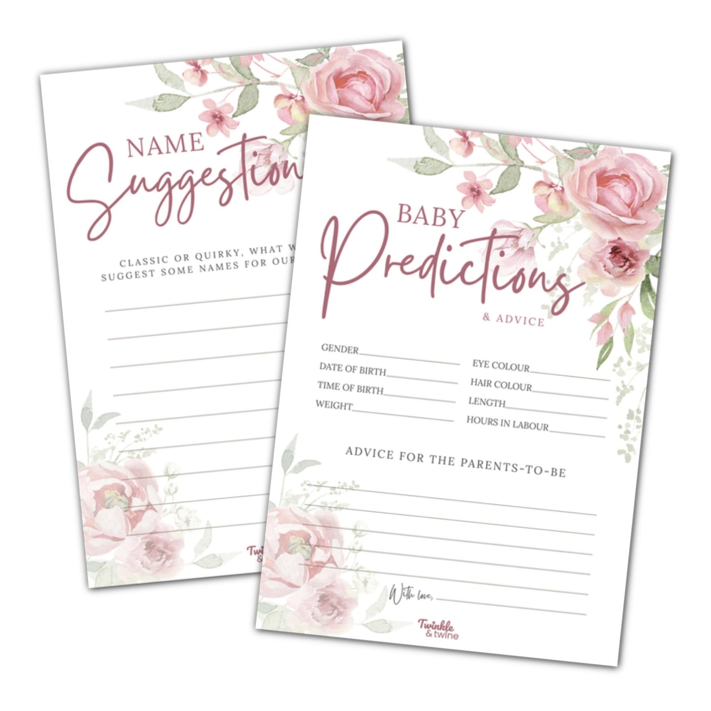 Pink Floral Baby Prediction & Name Suggestion Cards