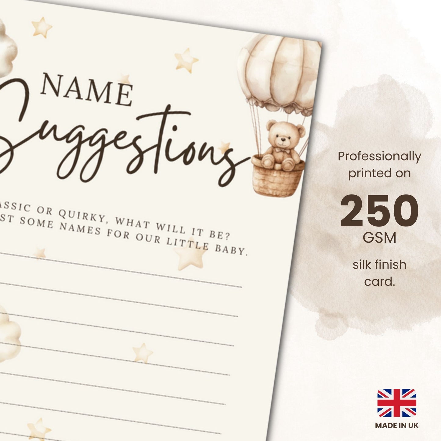 Neutral Teddy Bear Baby Prediction & Name Suggestion Cards