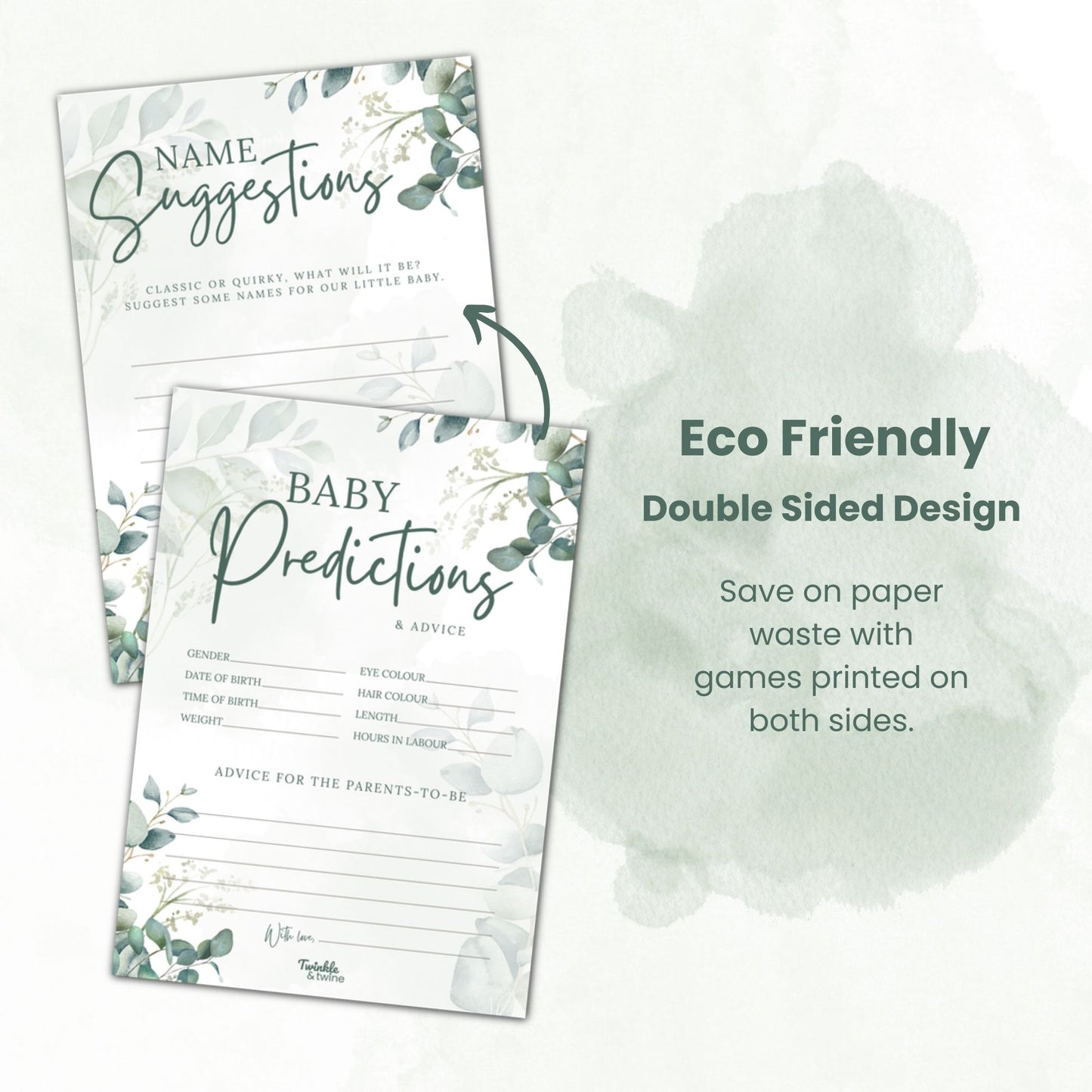 Sage Green Eucalyptus Baby Prediction & Name Suggestion Cards