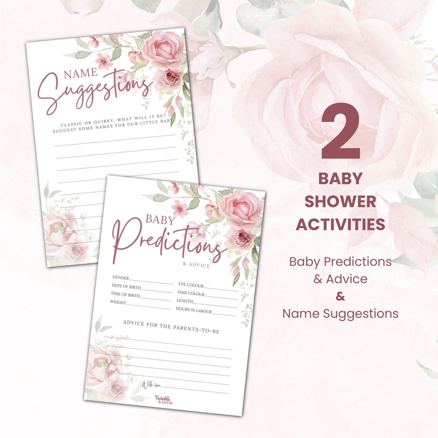 Pink Floral Baby Prediction & Name Suggestion Cards