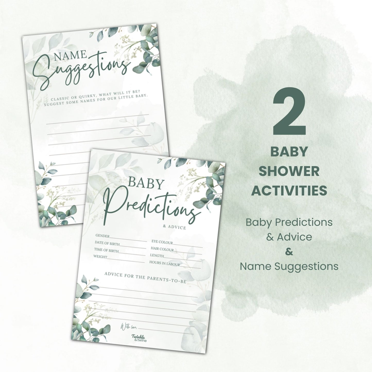 Sage Green Eucalyptus Baby Prediction & Name Suggestion Cards