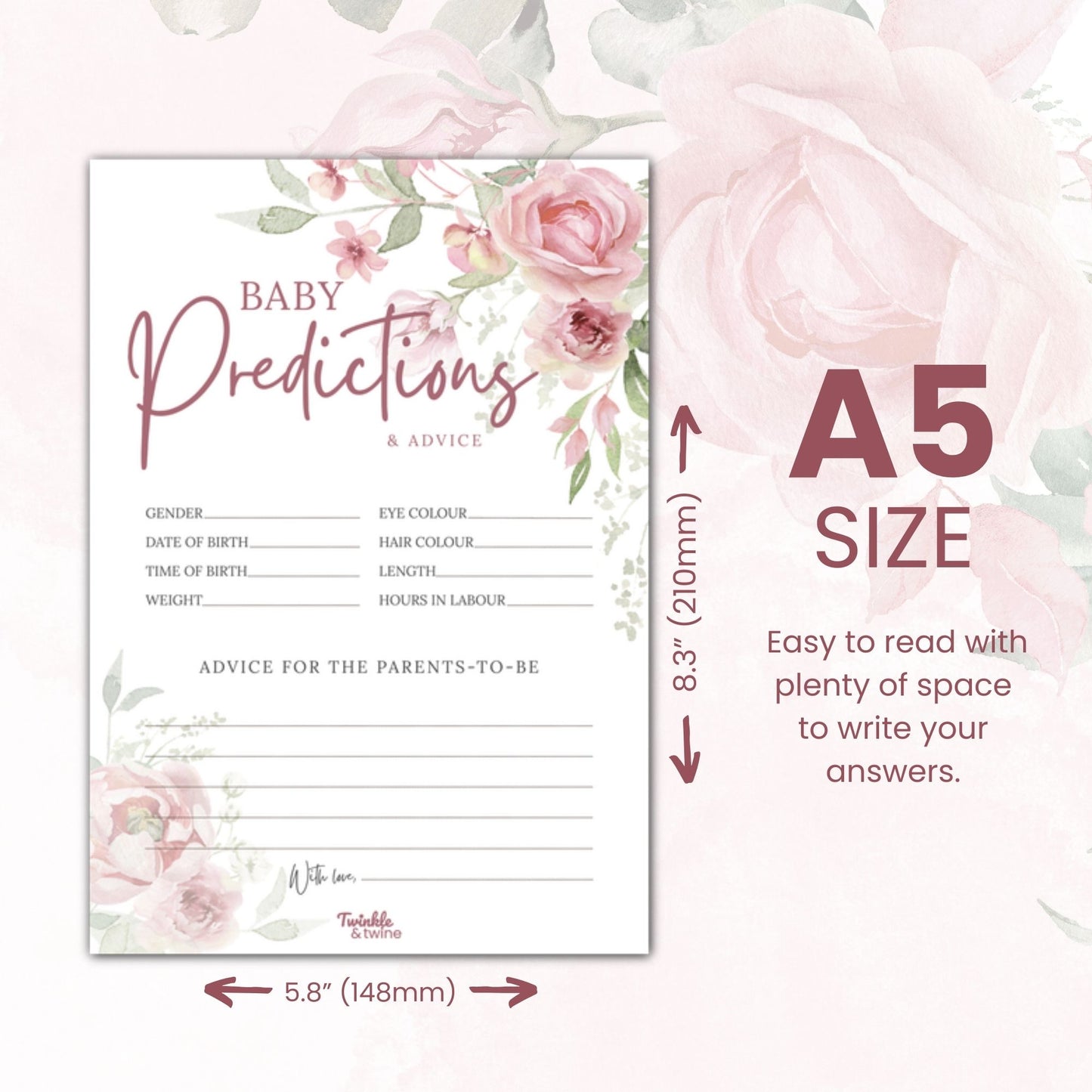 Pink Floral Baby Prediction & Name Suggestion Cards