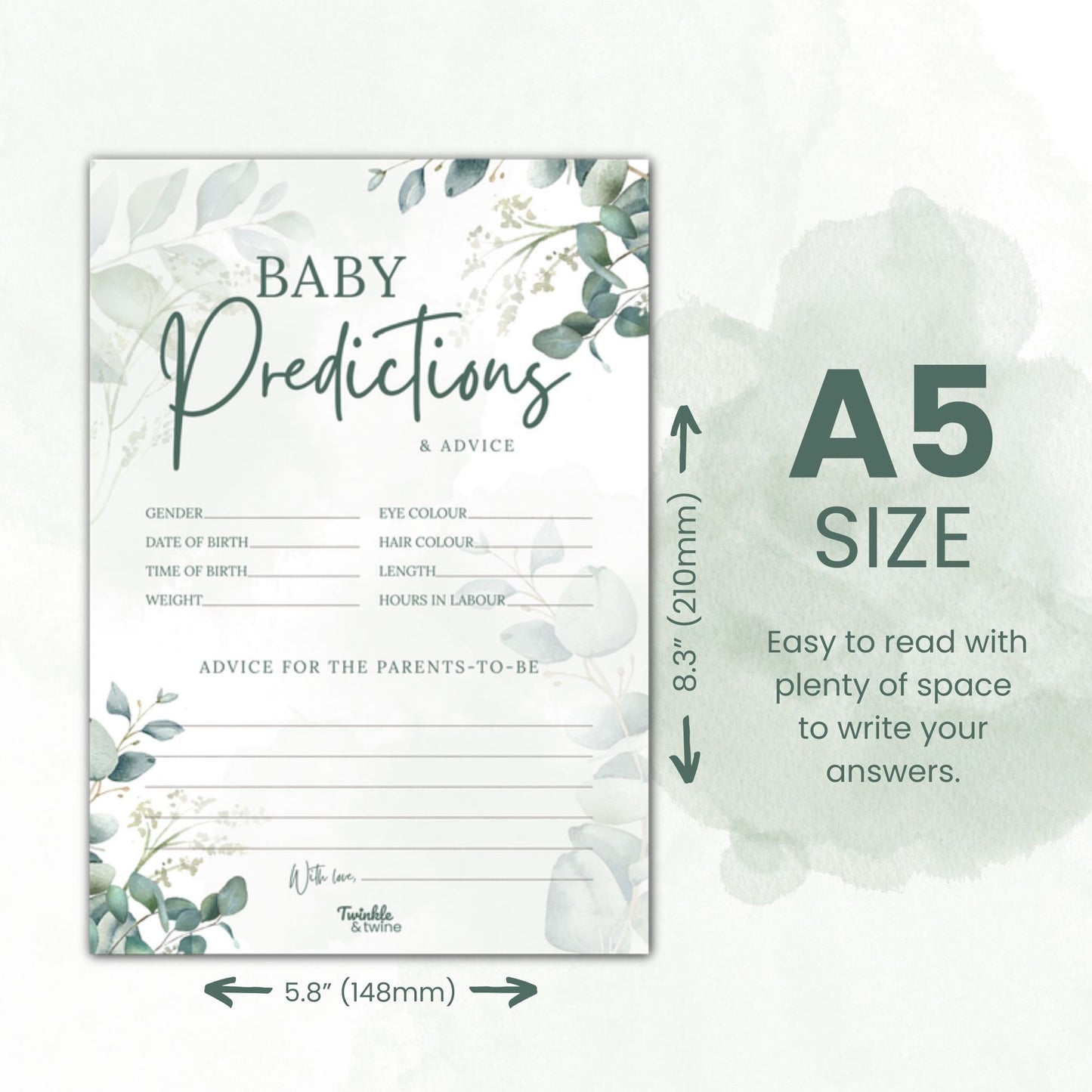 Sage Green Eucalyptus Baby Prediction & Name Suggestion Cards